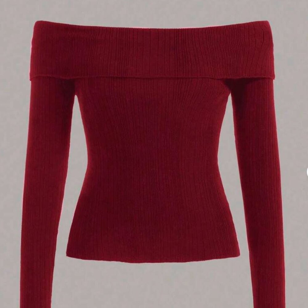 SHEIN Off-Shoulder Ribbed Sweater – Burgundy